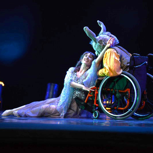Titania and Bottom characters on stage in full-length story ballet, A Midsummer Night's Dream