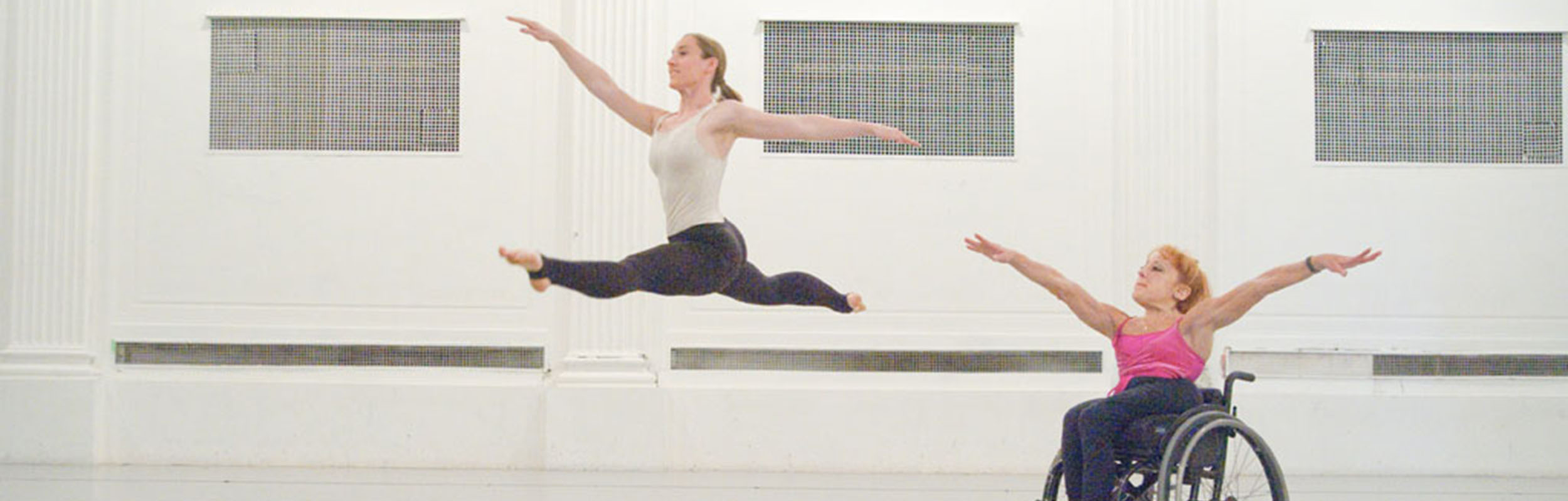 Dancing Wheels method of physically integrated dance direct movement translation of a leap demonstrated by master teachers Sara and Mary.