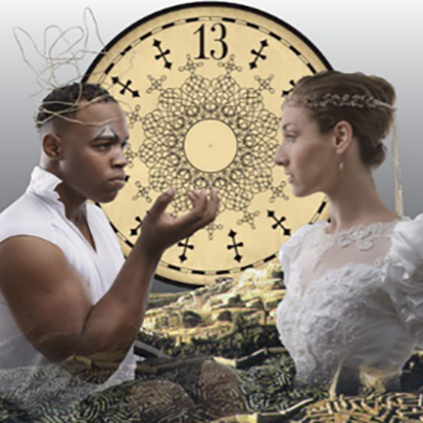 Jareth and Sarah characters face each other emerging from a labyrinth and in front of a 13 hour analog clock