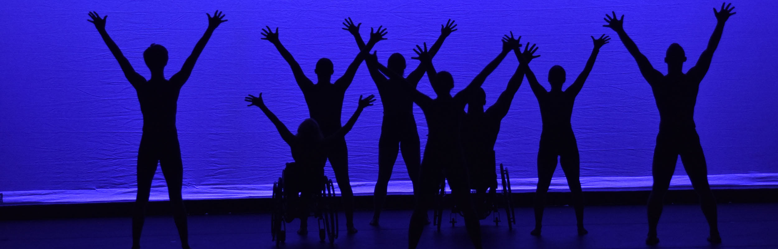 Dancing Wheels Company dancers with and without disabilities on stage in silhouette with hands raised.