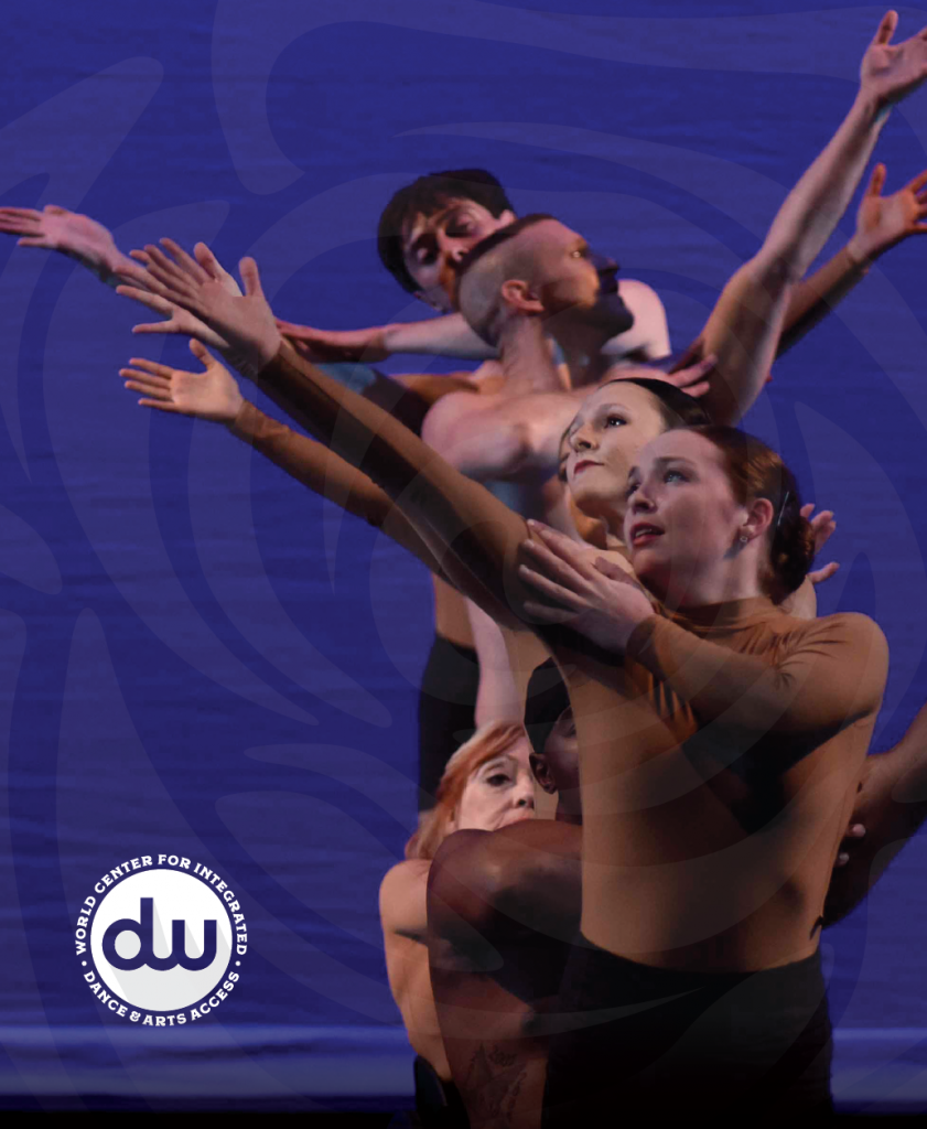 Upper bodies of dancers in a line standing or seated reaching one arm out open hand, DW logo