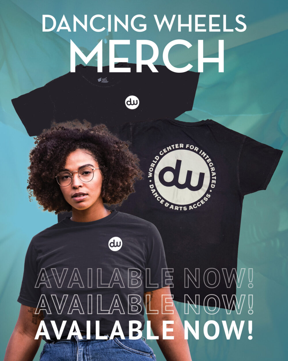 Person wearing a Dancing Wheels T-shirt and t-shirts modeling the design behind her.