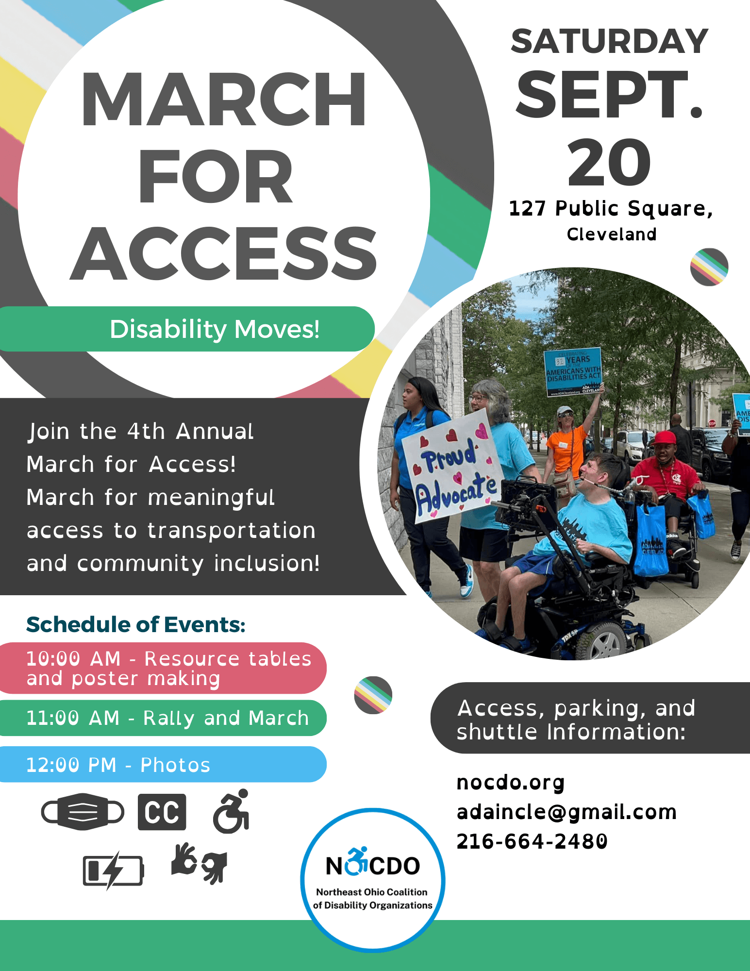 Info graphic about the March for Access, including the disability pride flag.