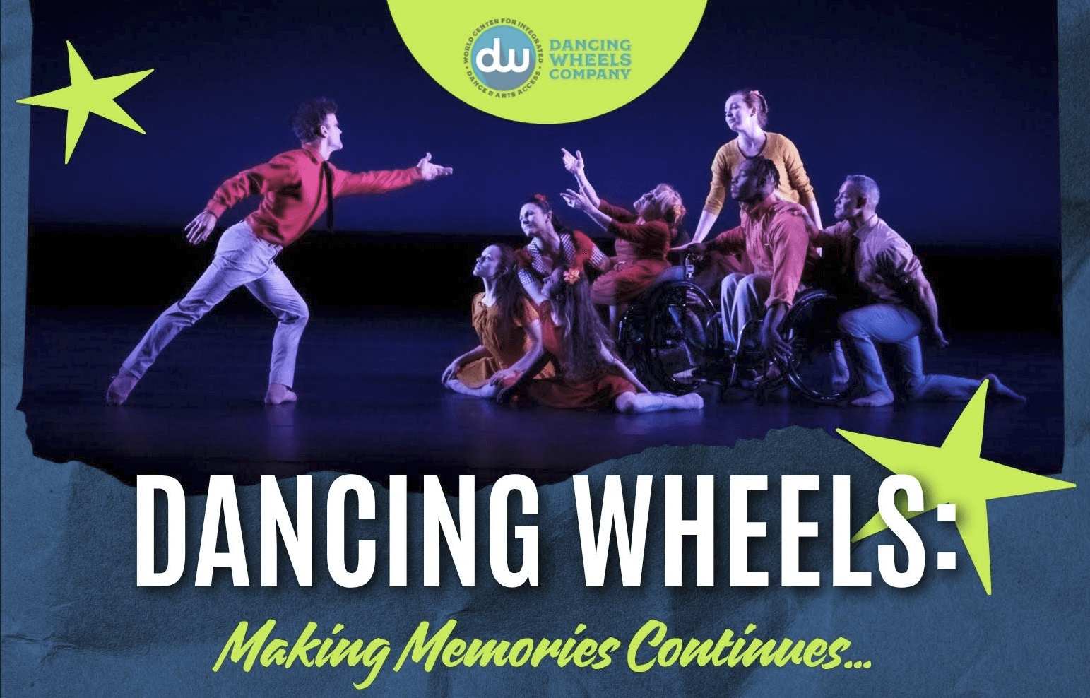 Dancers with and without disabilities performing on a stage and info graphic text.